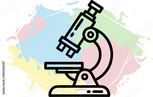 Microscope illustration symbolizing scientific discovery and research, rendered with a vibrant, abstract paint splatter background for a modern aesthetic