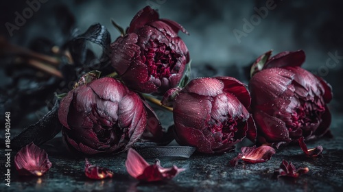 Fototapeta Naklejka Na Ścianę i Meble -  A bouquet of deep red peonies with dark and elegant appearance