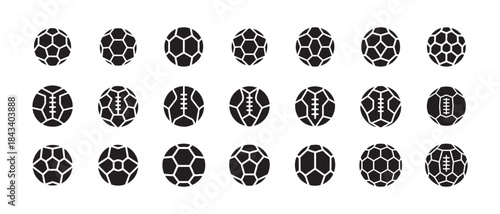 Set of various black and white geometric sports ball icons in flat design style