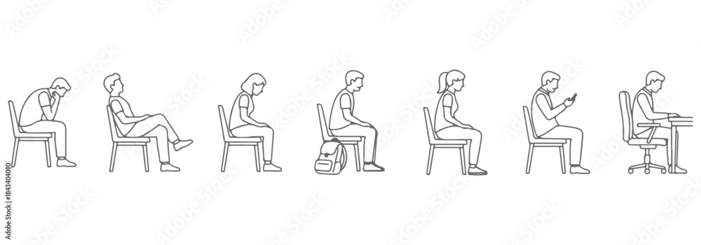 Fototapeta premium CAD drawing of diverse sitting people side view. Leaning forward, relaxed back, crossed legs, hands on lap, using phone, backpack beside chair, elderly posture. Vector illustration