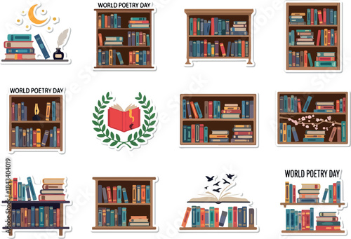 Book Shelves and Poetry Day Stickers Reading, Literature, and Creative Inspiration