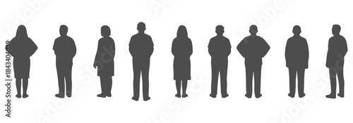 Back view CAD drawing of standing humans silhouette. Phone in hand, hands behind back, hands on hips, carrying bag, neutral stance. Vector illustration