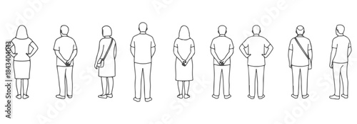 Back view CAD drawing of standing humans. Phone in hand, hands behind back, hands on hips, carrying bag, neutral stance. Vector illustration