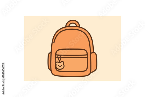 Flat vector illustration of backpack with front pocket zipper and small charm soft rounded forms clean outline back to school cozy study style