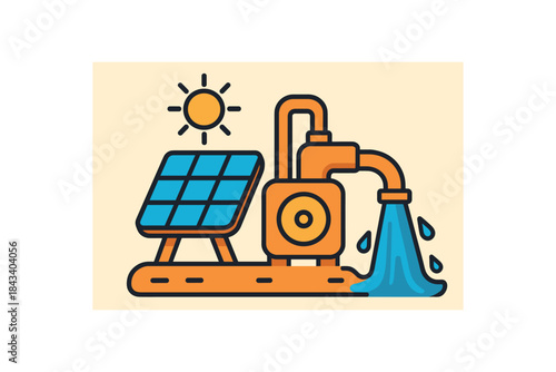 Flat vector illustration of bright solarpowered irrigation pump with bold water stream rounded shapes clean outline