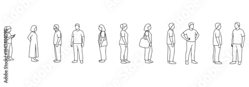 CAD side view of people standing. Phone use, hands behind back, hands on hips, carrying bag, neutral stance, leaning slightly, relaxed arms. Vector illustration