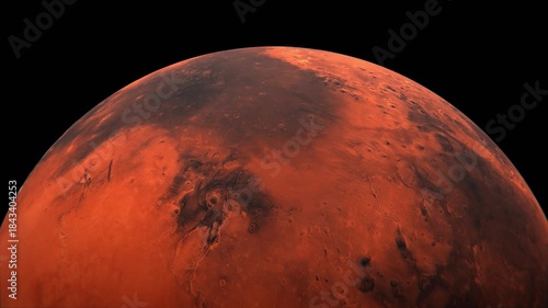 Mars planet rotating on a black background, high detailed and realistic surface of Mars, scientific background, 4k seamless animation.