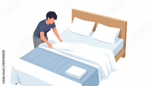 A man making a bed with a blue blanket and white sheets against a clean white background in a flat lay composition.