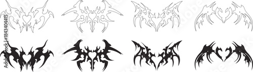 Abstract tribal bat silhouettes with sharp symmetrical wings and dark edgy style. Bold gothic shapes create a powerful fantasy and metal inspired look. Ideal for tattoos, logos, posters, and horror de