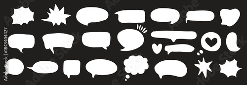Comic speech bubble set with various shapes for dialogue and thoughts. Clean white chat balloons on dark background suit comics and messaging designs. Ideal for pop art, stickers, and graphic layouts.