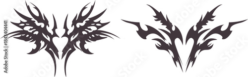 Tribal bat wing emblems with sharp symmetrical shapes and dark fantasy style. Aggressive gothic silhouettes create a bold tattoo and metal logo aesthetic. Perfect for horror, occult, and edgy graphic 