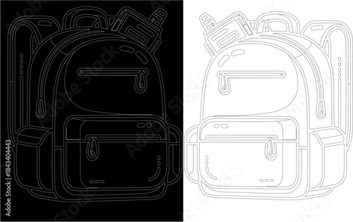 Minimalist outline illustration of a modern backpack with a water bottle attached, presented in both dark and light modes for versatile design applications
