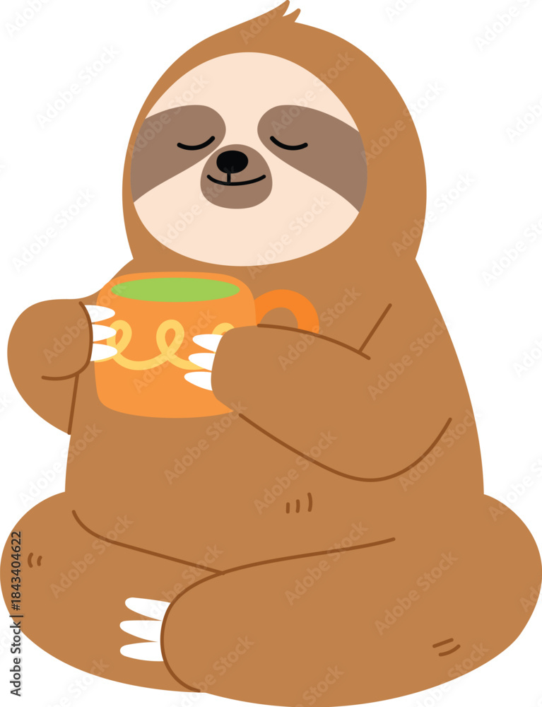 Obraz premium Relaxing Sloth Drinking Hot Tea, Funny Brown Sloth Holding a Cup of Tea illustration
