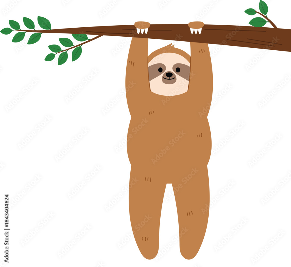 Obraz premium Funny Brown Sloth Cartoon Hanging Itself on Tree Branch, Happy Sloth Holding on Tree Branch illustration