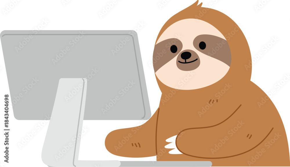 Obraz premium Funny cute sloth working with computer, Smile slowly sloth using pc illustration 