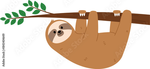 Funny Brown Sloth Cartoon Hanging Itself on Tree Branch, Happy Sloth Climbing on Tree illustration