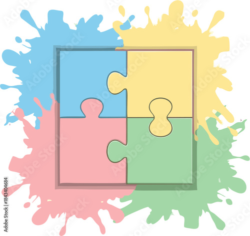 Brightly colored four-piece puzzle with paint splatters, illustrating concepts of connection, teamwork, problem-solving, and creative integration for successful outcomes