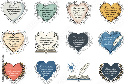 Set of heart-shaped stickers with different quotes and elements