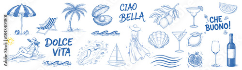 Blue line art collection of Italian Dolce Vita, beach, and food icons with Ciao Bella and Che Buono