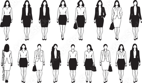 Black and white illustrations of businesswomen in suits horizontal vector
