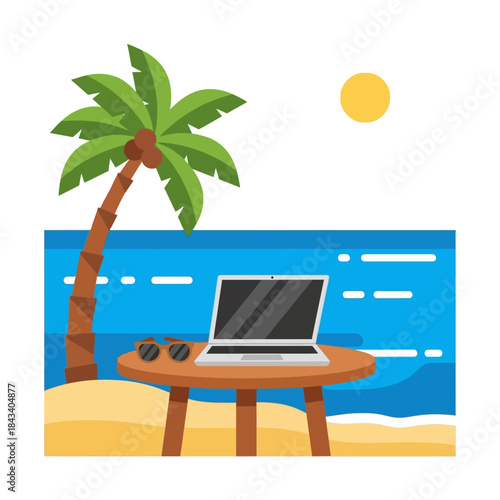 Dreaming of remote work success laptop and sunglasses rest on beach table under sunny palm tree