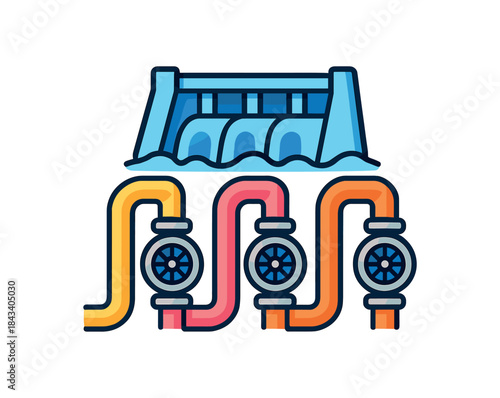 Flat vector illustration of colorful hydro power station control valves with vivid pipes rounded forms clean outline