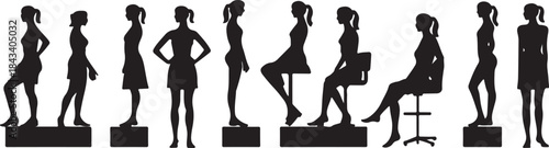 Black silhouettes of women in various standing and sitting poses on white pedestals and chairs woman