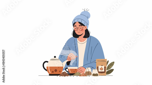 A woman in a blue sweater and hat pours tea into a mug on a table with a kettle and leaves on a plain white background.