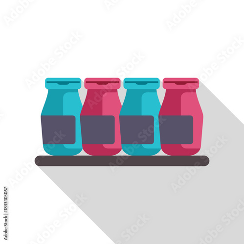Four colorful jars with labels standing on a dark shelf, showing a flat design style