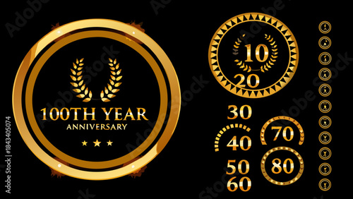Golden anniversary badges and celebratory icons displaying milestone years and achievements