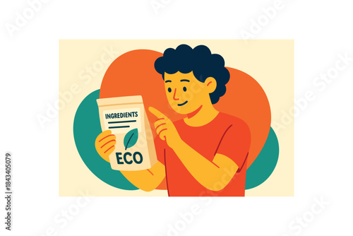 Flat vector illustration of bright person reading ingredient label on ecofriendly product vivid tones rounded shapes clean flat vector style