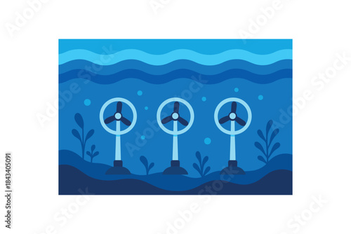 Flat vector illustration of bright underwater hydro turbine farm river bold blue waves rounded shapes minimalistic look
