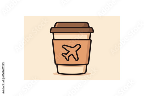 Flat vector illustration of airport coffee cup with lid and sleeve soft rounded shapes clean outline cozy travel essentials style
