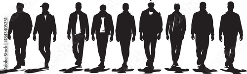 Collection of black silhouettes of men standing and walking in various casual and formal attire on a white background