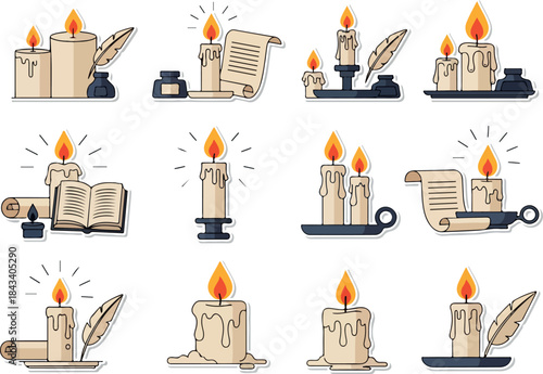 Vintage Candlelight Writing Vector Illustration Set