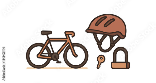 Flat vector illustration of bicycle rental helmet and lock soft rounded shapes clean outline cozy travel essentials style