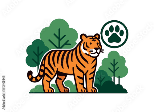 Flat vector illustration of bright endangered tiger standing protected forest with bold pawprint icon nearby rounded shapes clean outline clean white background endangered species awareness