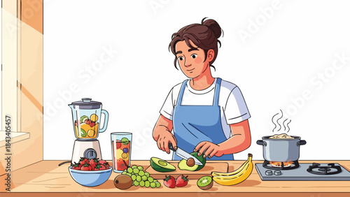 A woman in a blue apron prepares a healthy meal by cutting fruit on a kitchen counter with a pot on the stove in the background.