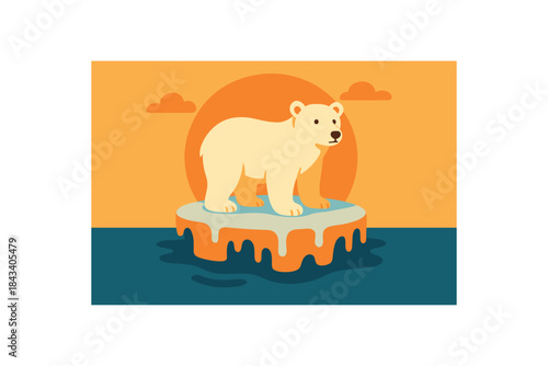 Flat vector illustration of bright polar bear on shrinking ice floe with bold melting edges rounded shapes clean flat style climate impact on species