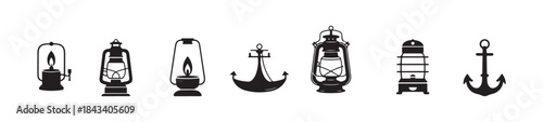Collection of vintage kerosene lamp and ship anchor icons for marine and nautical design elements