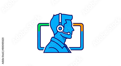 customer support agent with headset profile icon modern flat blue illustration for online help desk call center service and technical assistance