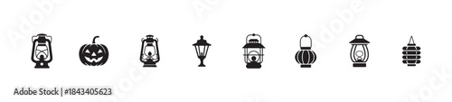 Set of black and white halloween and lantern icons, vector illustration of different types of lamps