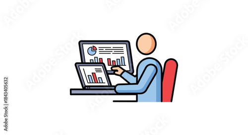 data analyst reviewing charts on dual screens at desk modern flat vector illustration for business analytics dashboard ui design