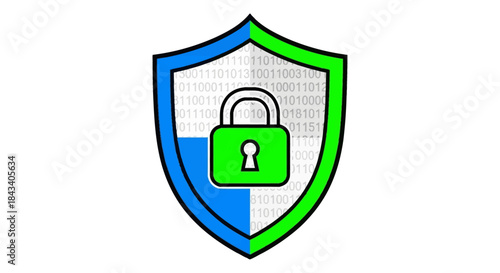 cybersecurity shield icon with green padlock protecting binary code data symbolizing internet privacy network protection and secure access