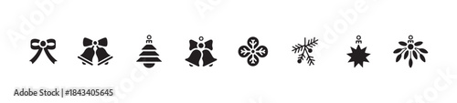 Set of christmas bow bells tree snowflake and leaf icons for festive holiday decorations