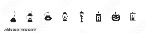 Set of black and white light and candle holder icons, vector illustration of different lighting elements
