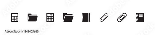 Set of black and white office and organization icons, vector illustration of various administrative tools