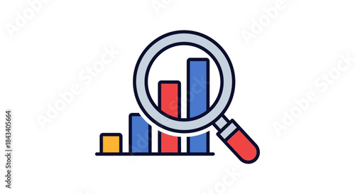 data analytics bar chart under magnifying glass icon flat illustration for business report seo dashboard and market research