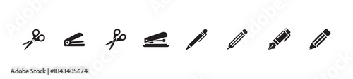 Set of black and white school and office supply icons, vector illustration of various writing tools