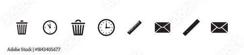 Set of simple vector icons with various elements including trash cans, clocks, rulers, and envelopes on white background